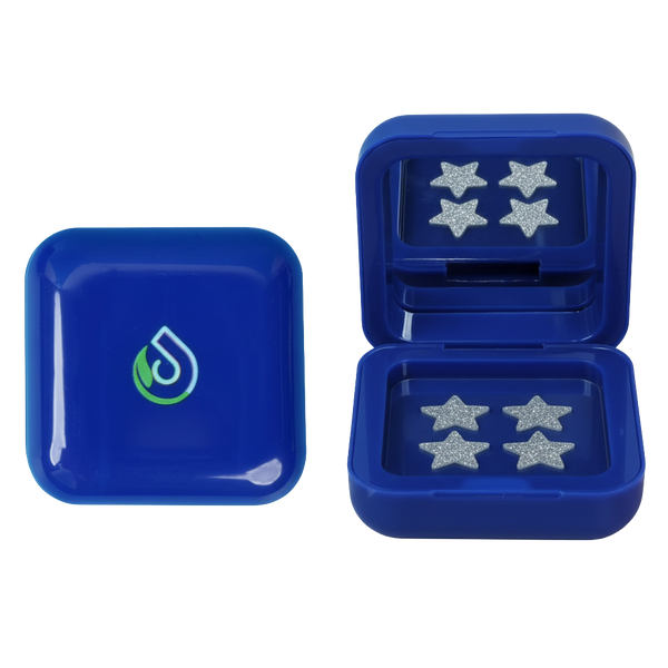 Blue jewelry case with star-shaped earrings on a white background