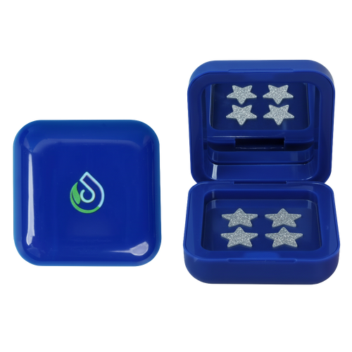 Blue jewelry case with star-shaped earrings on a white background