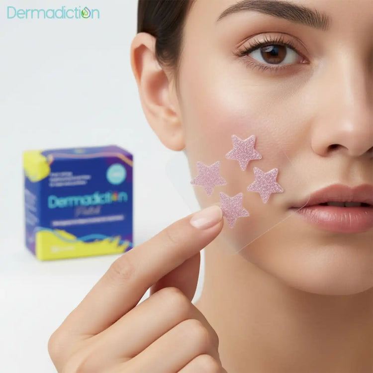 Woman applying pink star-shaped patches to her face with Dermadiction packaging in the background.